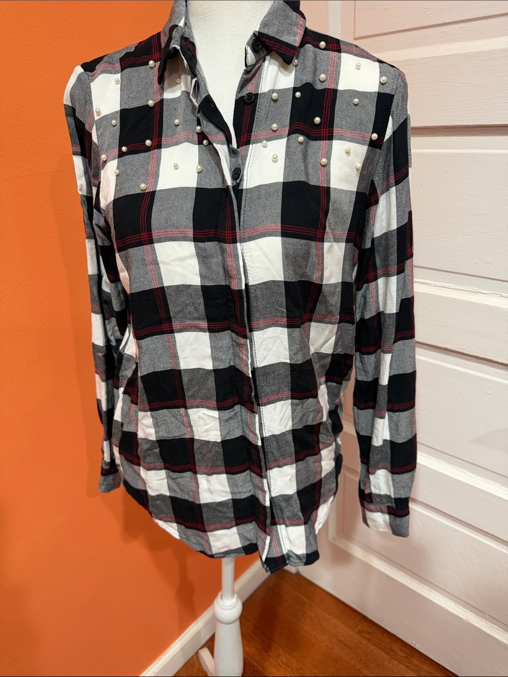 Zara Black, White & Red Plaid Button-Down Shirt with Pearl Studs